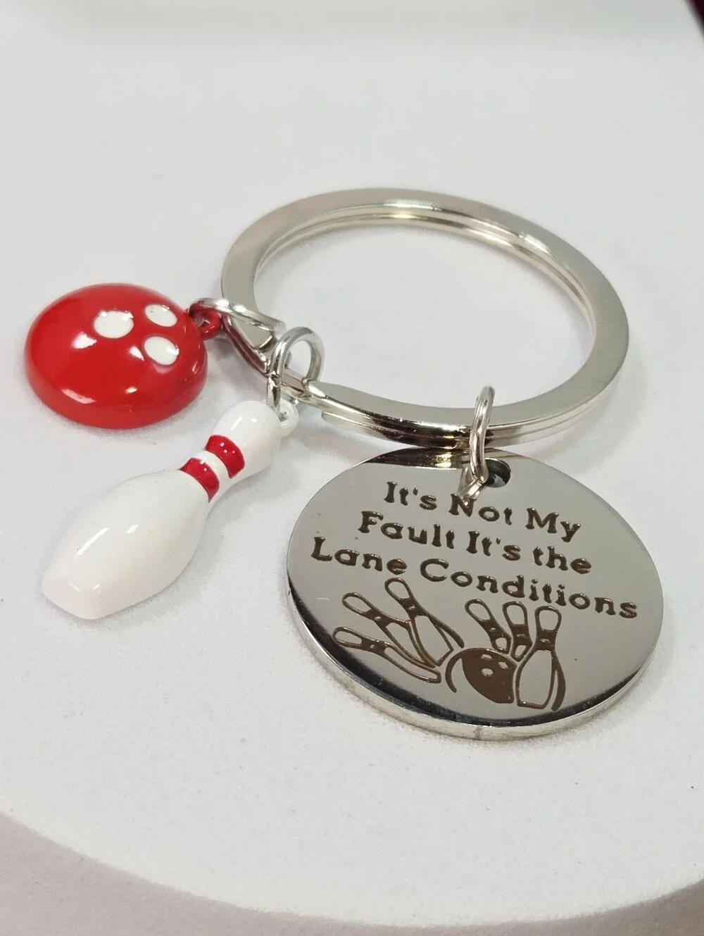 Bowling Keychain Red Ball & Pin Funny Engraved Sports Charm Gift Stainless Steel